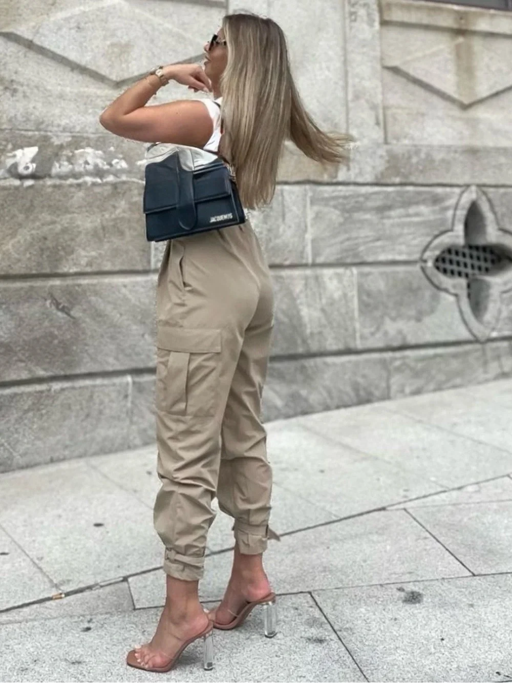 ZARA New With Tag M High Rise Paper Bag Straight Leg Camel Cargo Pants Medium - Picture 13 of 15